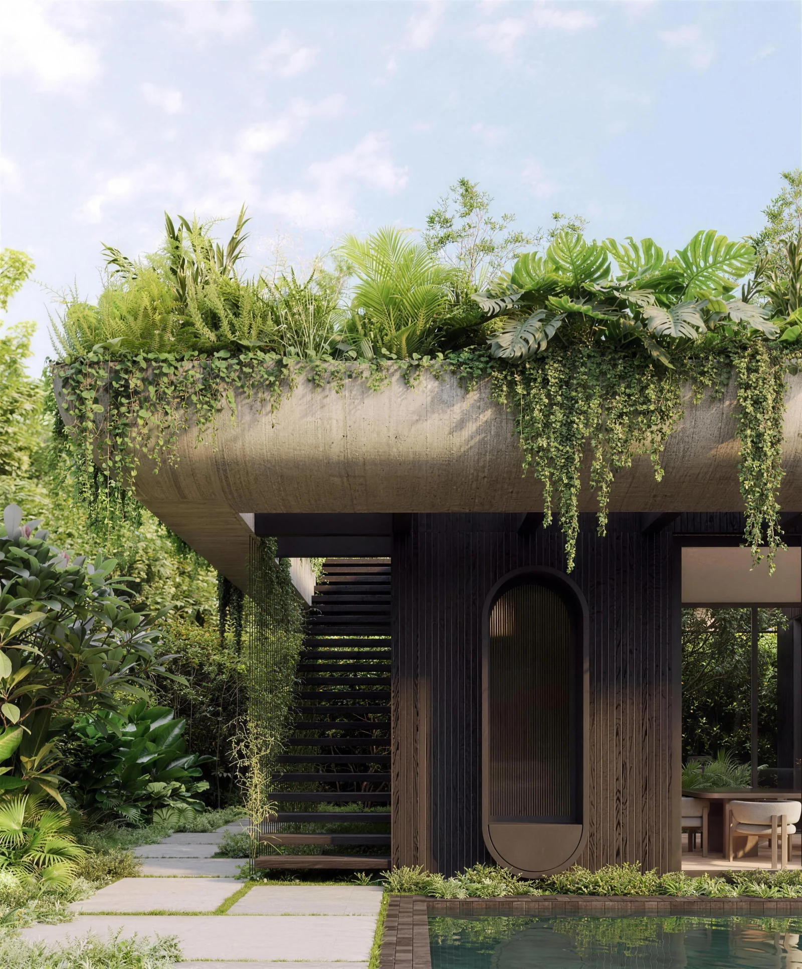 Rendering of the pavilion corner: planted concrete roof, open timber stair and an arched window in charred timber