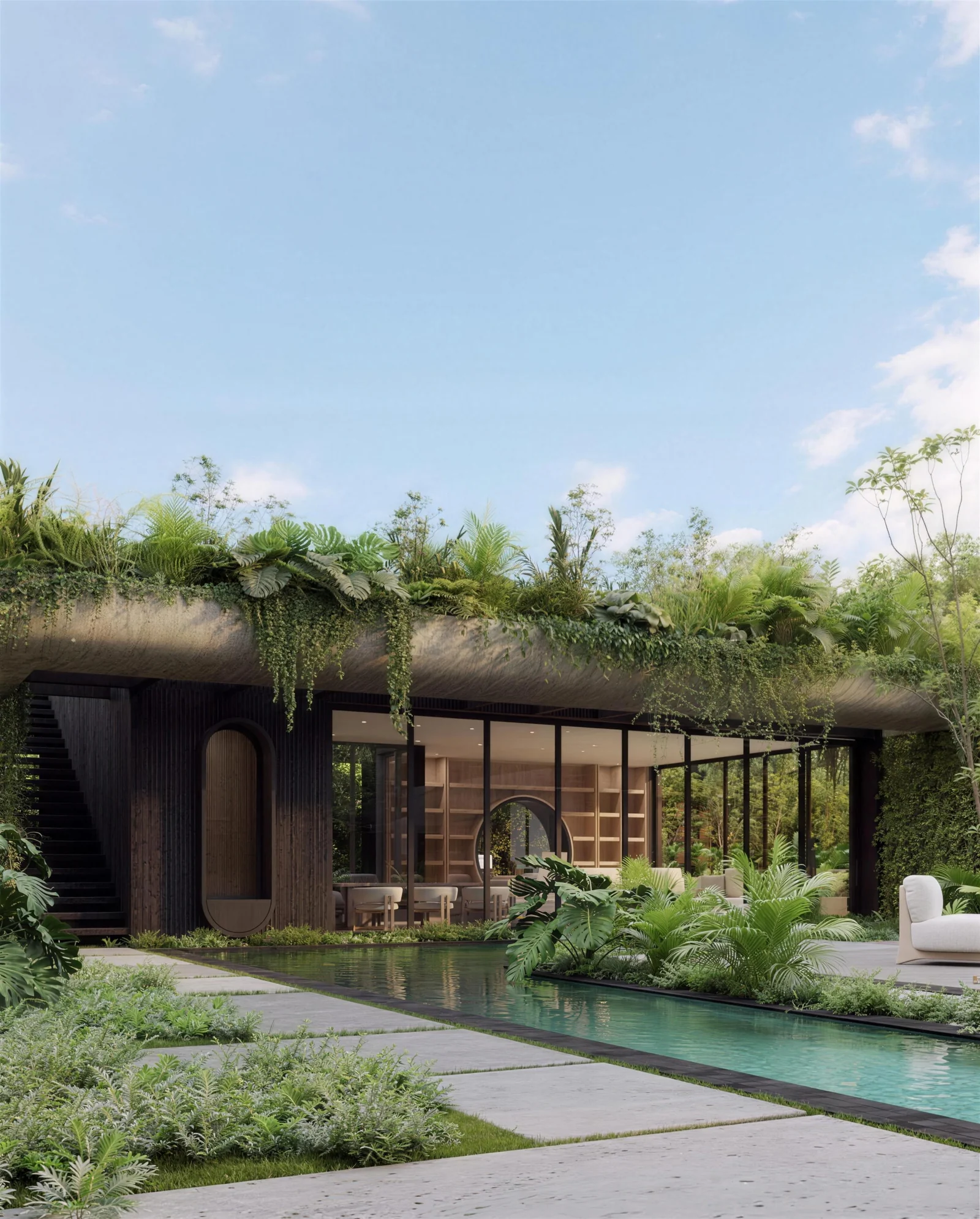 Rendering of the pavilion across the reflecting pool, its planted roof above charred timber and glass